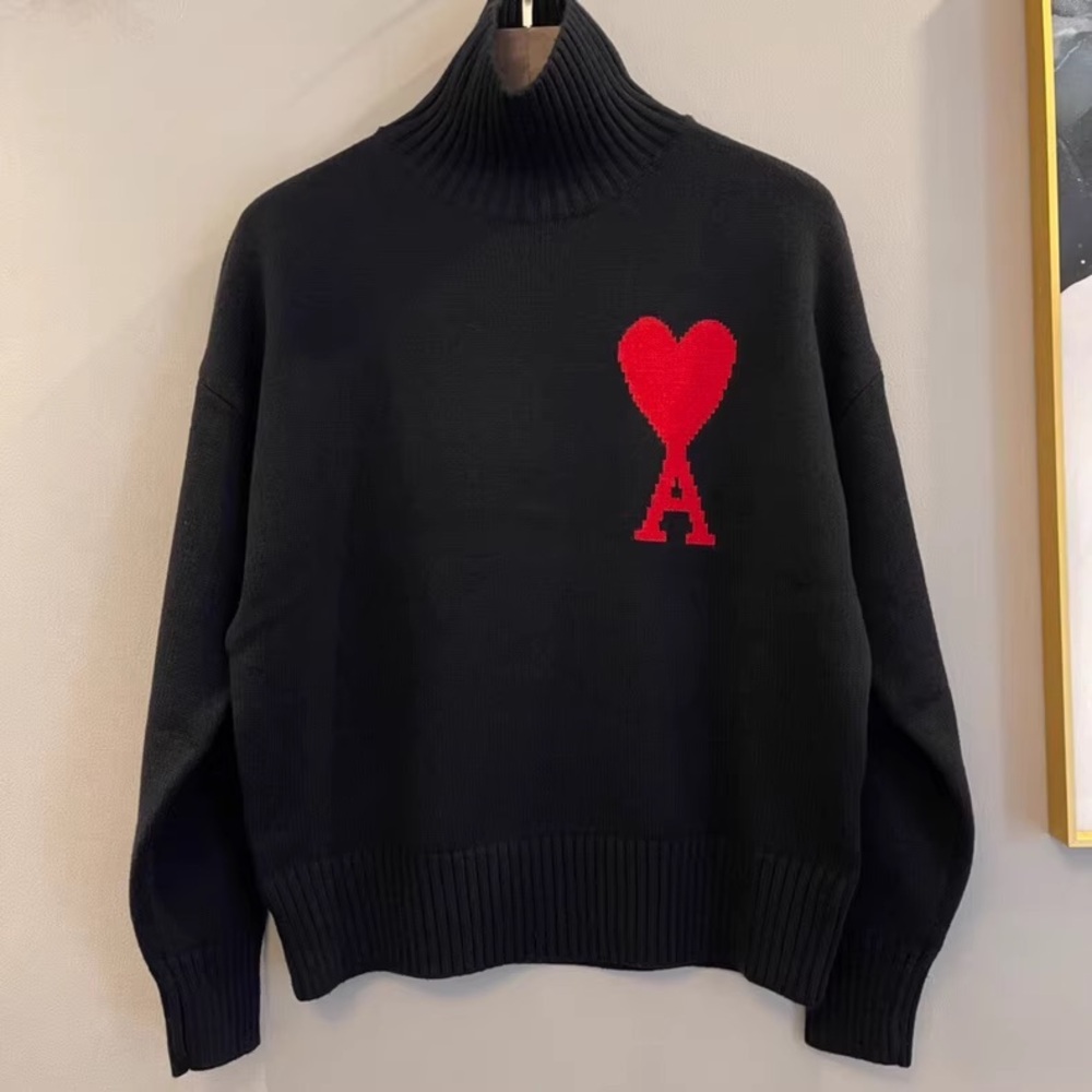 Ami Paris Turtleneck Sweater with Red Heart Motif